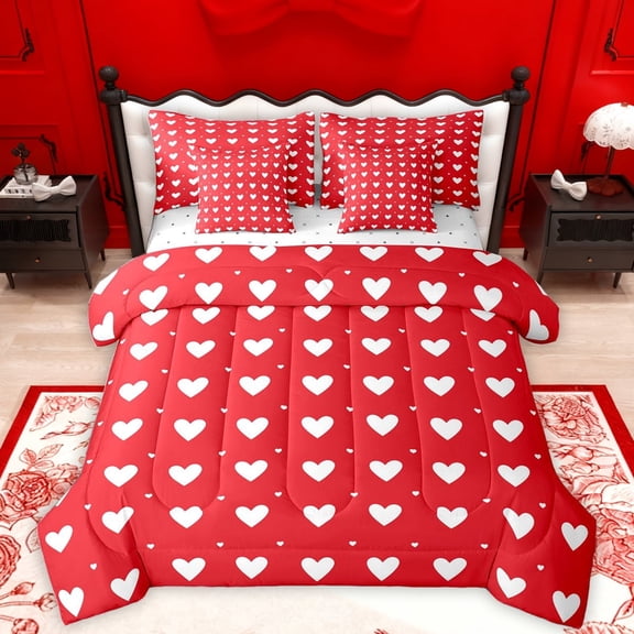 Homewish Cartoon Heart Pattern 7-Piece Bedding Comforter Set,Valentine'S Day Loves King Bedding Sets,White Red Bed Sheets For Girls Teens,Microfiber Bedroom Decor Reversible