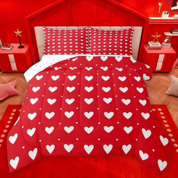 Homewish Cartoon Heart Pattern Queen Comforter Set,Valentine'S Day Loves Bedding Sets,White Red Bedding Comforter Set For Girls Teens,Microfiber Bedroom Decor Reversible,3 Pieces