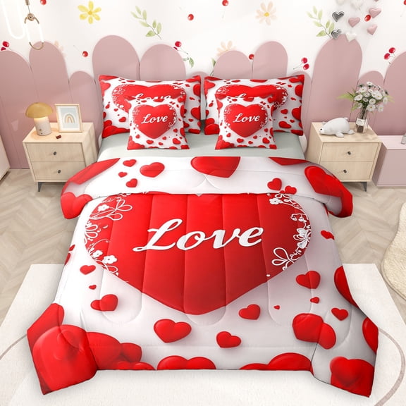 Homewish Cartoon Heart Print 7-Piece Bedding Comforter Set,Romantic Loves Pattern King Bedding Sets,White Red Bed Sheets For Girl Teens,Breathable Home Decor Reversible