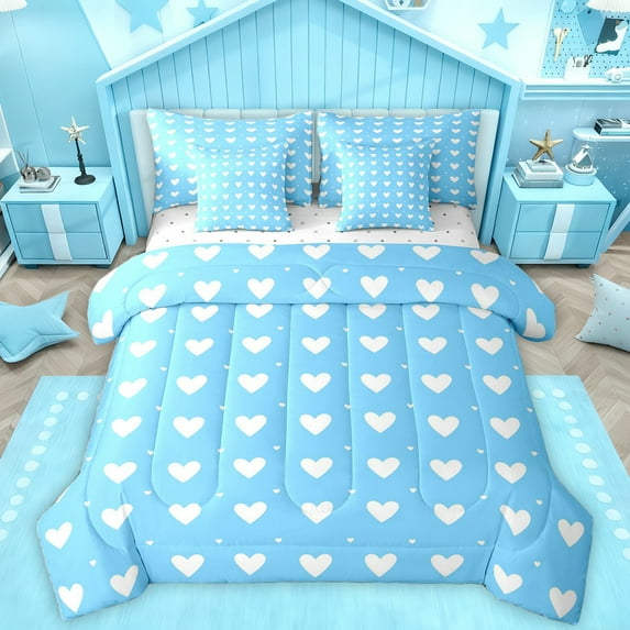 Homewish Cartoon Heart Print 7-Piece Twin Bedding Sets,Kawaii Loves Pattern Bedding Comforter Set,White Blue Sheet Sets For Girl,Ultra Soft Home Decor Reversible