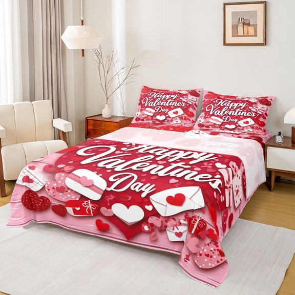 Homewish Cartoon Heart Print Bed Sheets,Happy Valentine'S Day King Sheets,Red Pink Sheet Set For Girl,Luxury Bedroom Decor,4 Pieces