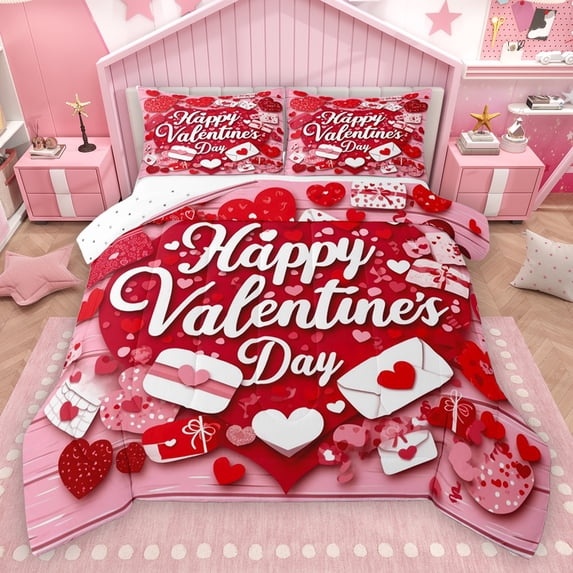 Homewish Cartoon Heart Print Bedding Comforter Set,Happy Valentine'S Day Twin Comforter Sets,Red Pink Bedding Set For Girl,Luxury Bedroom Decor Reversible,2 Pieces