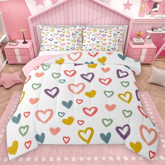 Homewish Cartoon Heart Print Bedding Comforter Set,Kawaii Loves Pattern Twin Comforter Sets,Colorful Graffiti Bedding Set For Girl,Ultra Soft Home Decor Reversible,2-Piece