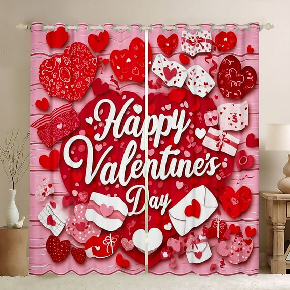 Homewish Cartoon Heart Print Curtains Pack of 2 (42x84 Each),Happy Valentine'S Day Curtains Blackout,Red Pink Bedroom Curtains For Girl,Luxury Bedroom Decor