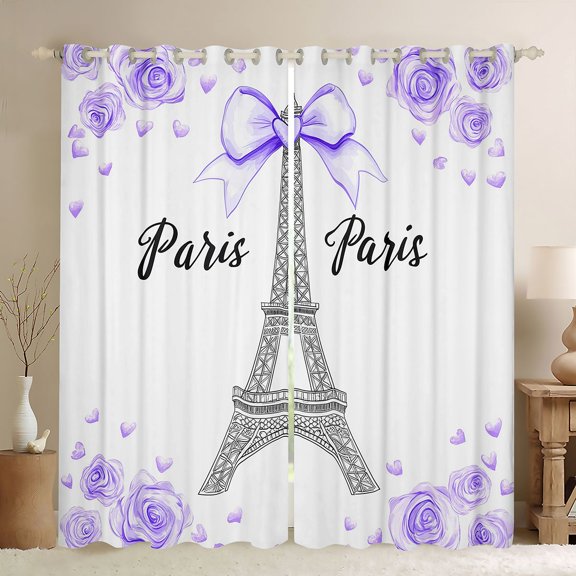 Homewish Cartoon Heart Print Curtains Pack of 2 (42x84 Each),Paris Eiffel Tower Curtains Blackout,Purple White Bedroom Curtains For Kids,Luxury Bedroom Decor