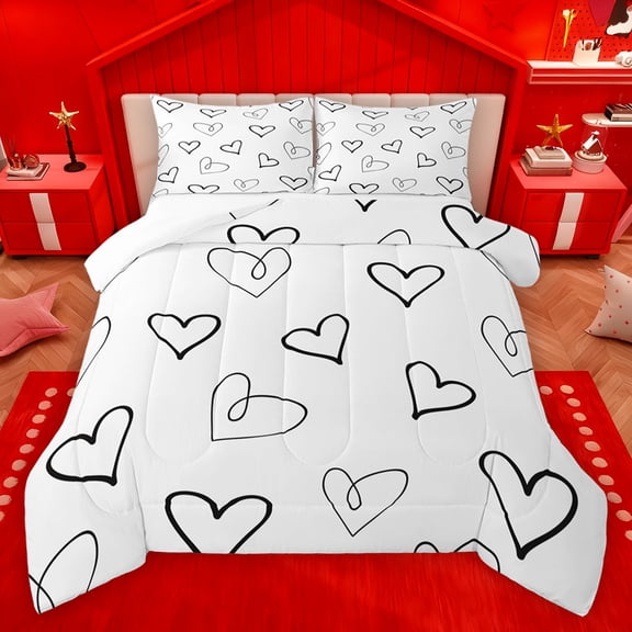 Homewish Cartoon Heart Print Queen Comforter Set,Kawaii Loves Pattern Bedding Sets,Minimalist Graffiti Bedding Comforter Set For Girl,Ultra Soft Home Decor,3pcs