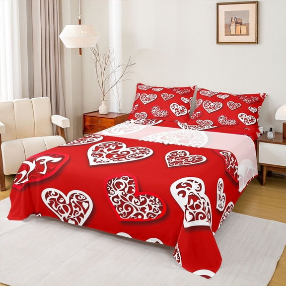 Homewish Cartoon Heart Print Twin Sheet Sets,Valentine'S Day Loves Twin Fitted Sheet,White Red Flat Sheet For Girl,Ultra Soft Home Decor,3-Piece