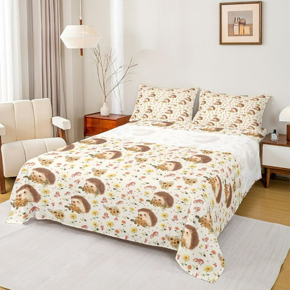 Homewish Cartoon Hedgehog 4 Pieces Queen Sheet Sets for Kids Children Teens,Chic Flowers Ultra Soft Flat Sheet,Kawaii Animal Queen Fitted Sheet,Ultra Soft Home Decor