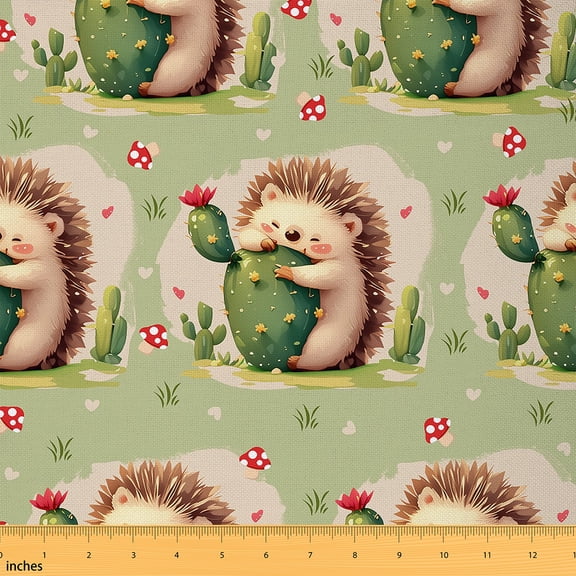 Homewish Cartoon Hedgehog Child Fabric by the Yard 2 Yards, Kawaii Mushroom Cactus Sewing Fabric, Green Plant Botanical Fabric for Sewing, Microfiber Bedroom Decor