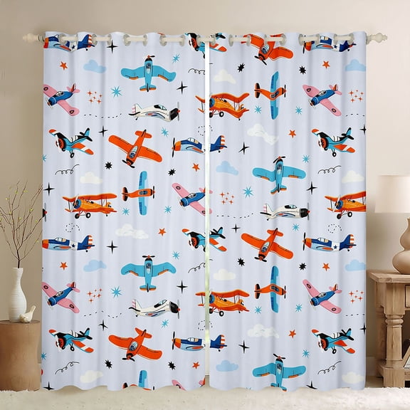 Homewish Cartoon Helicopter Kids Black Out Curtains, Kawaii Airplane Vehicle Curtains Pack of 2 (42x63 Each), Stars Cloud Print Bedroom Curtains, Living Room Curtains Decor