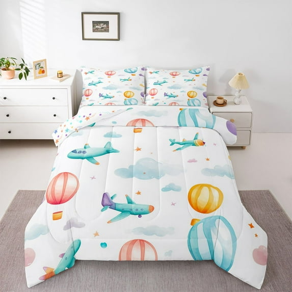 Homewish Cartoon Helicopter Print Full Size Comforter Sets, Dreamy Stars Galaxy Bedding Comforter Set, Teens Kids Boys Girls Reversible Bedding Sets, Ultra Soft Bedroom Decor, 3-Piece