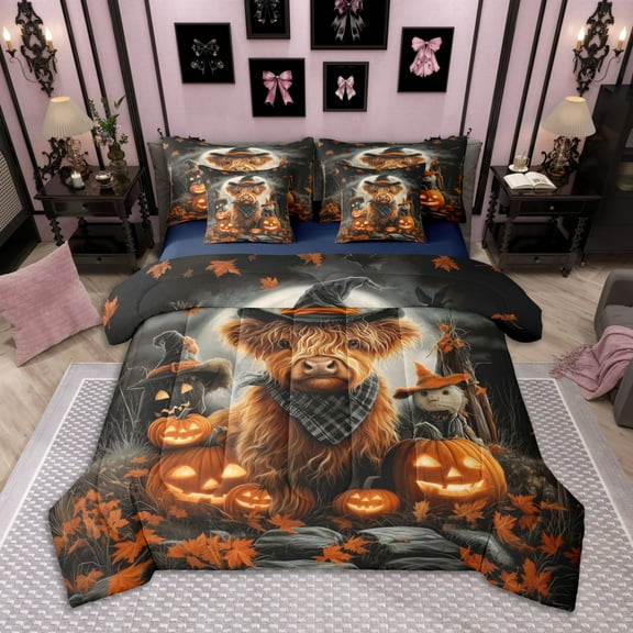 Homewish Cartoon Highland Cow Bedding Comforter Set 7pcs, Halloween Theme Queen Bedding Sets, Pumpkin Lantern Scarecrow Queen Sheet Sets, Ultra Soft Home Decor