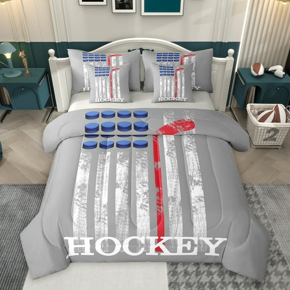 Homewish Cartoon Ice Hockey Bedding Comforter Set 7pcs, Eat Sleep Sports Queen Bedding Sets, Grey Stripes Abstract Reversible Queen Sheet Sets, Lightweight Room Decor