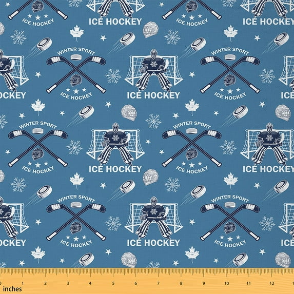 Homewish Cartoon Ice Hockey Fabric by the Yard 1 Yard for Kids, Modern Ball Sports Room Decor Fabric by the Yard, Sky Blue Sewing Fabric, Luxury Bedroom Decor