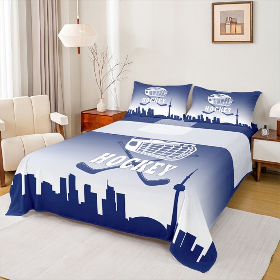 Homewish Cartoon Ice Hockey Queen Sheet Sets for Kids, Modern American Sports Flat Sheet, Blue White Stripes Queen Fitted Sheet, Microfiber Bedroom Decor, 4 Pieces