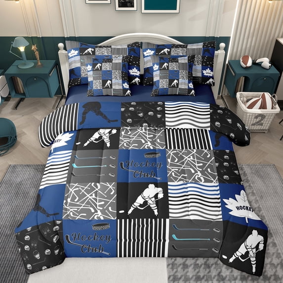 Homewish Cartoon Ice Hockey Twin Bedding Sets 7-Piece for Teens, American Sports Player Bedding Comforter Set, Navy Buffalo Plaid Reversible Sheet Sets, Super Cozy Room Decor
