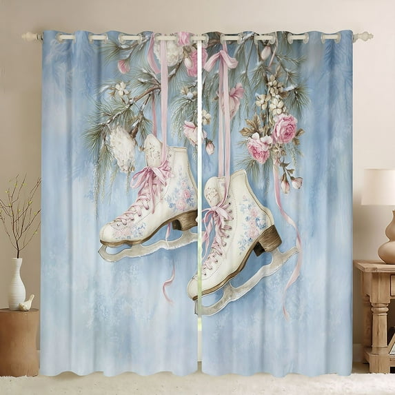Homewish Cartoon Ice skates Black Out Curtains for Teen, Rose Flower Floral Curtains Pack of 2 (42x63 Each), Princess Style Bedroom Curtains, Black Out Curtains Room Decor