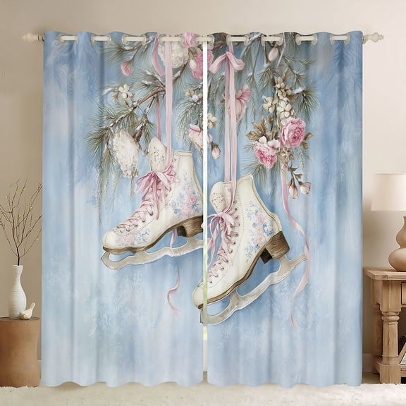 Homewish Cartoon Ice skates Black Out Curtains for Teen, Rose Flower Floral Curtains Pack of 2 (42x63 Each), Princess Style Bedroom Curtains, Black Out Curtains Room Decor