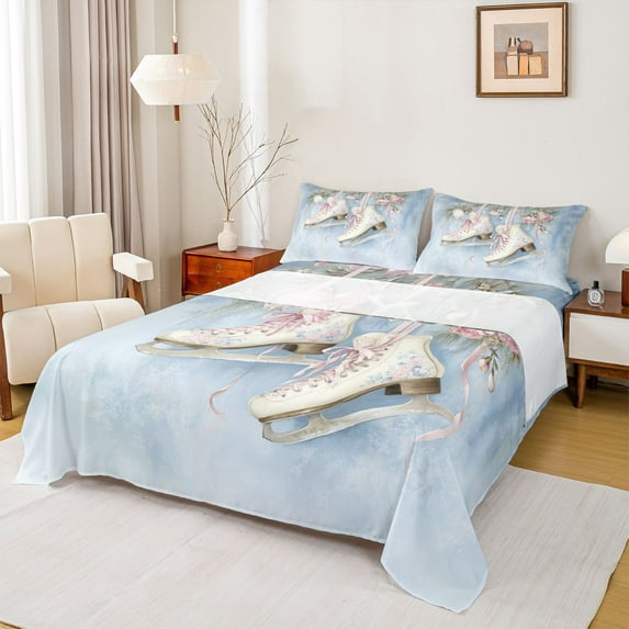 Homewish Cartoon Ice skates Twin Sheet Sets for Teen, Rose Flower Floral Twin Fitted Sheet, Princess Style Flat Sheet, Lightweight Room Decor, 3 Pieces