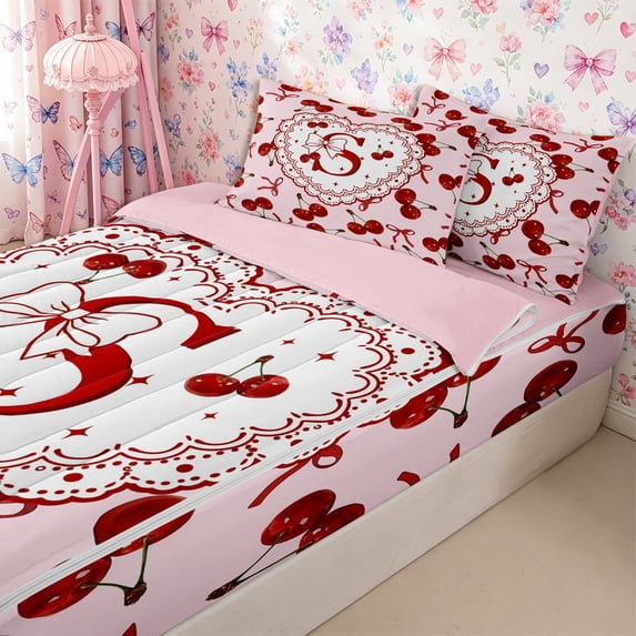 Homewish Cartoon Initial S Zipper Twin Comforter Sets with Fitted Sheet and 2 Pillowcases,Red Cherry Kawaii Bow Zipper Bedding Set for Girls,4-Piece,Pink Reversible
