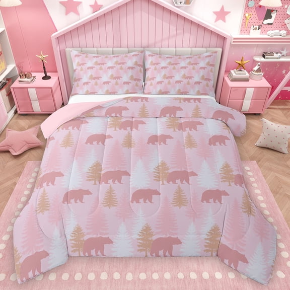 Homewish Cartoon Jungle Bear Bedding Comforter Set, Girly Pink Xmas Tree Twin Comforter Sets, Teens Kids Girls Women Reversible Bedding Set, Super Cozy Room Decor, 2-Piece