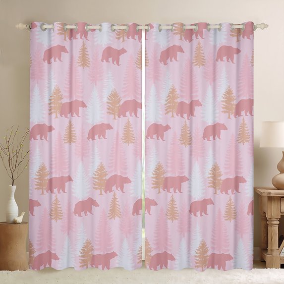 Homewish Cartoon Jungle Bear Curtains Pack of 2 (42x84 Each), Girly Pink Xmas Tree Curtains Blackout, Teens Kids Girls Women Bedroom Curtains, Living Room Curtains Decor