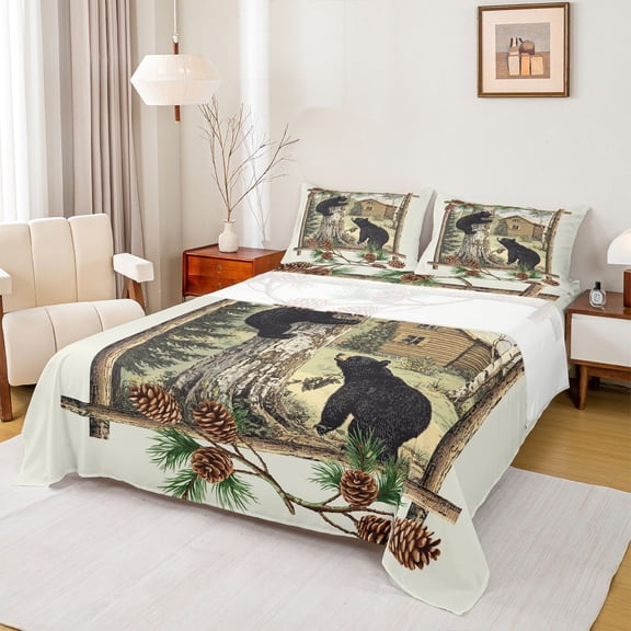 Homewish Cartoon Jungle Bear Queen Sheet Sets, Vintage Rustic Lake House Flat Sheet, Countryside Wildlife Queen Fitted Sheet, Breathable Home Decor, 4pcs