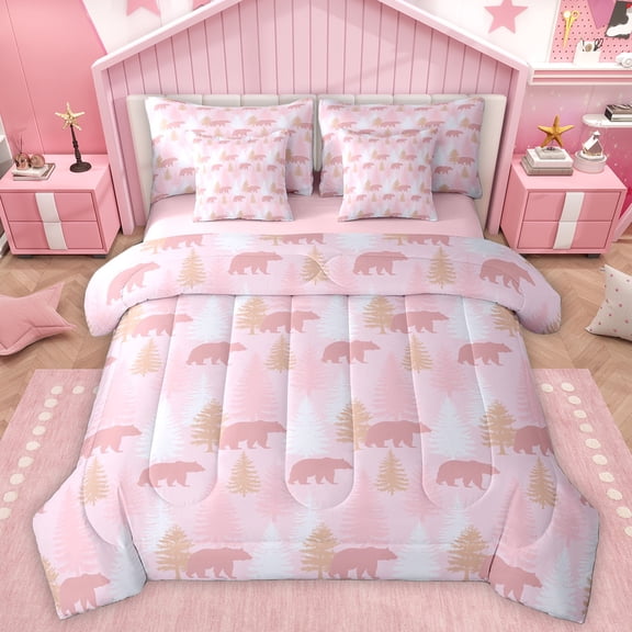 Homewish Cartoon Jungle Bear Twin Bedding Sets 7-Piece, Girly Pink Xmas Tree Bedding Comforter Set, Teens Kids Girls Women Reversible Sheet Sets, Super Cozy Room Decor