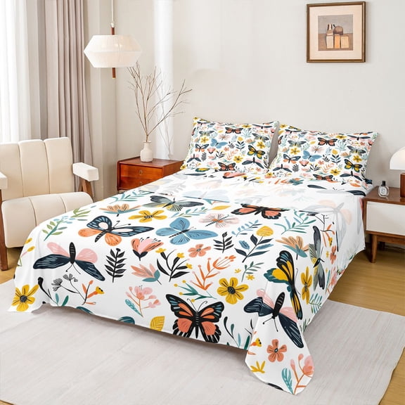 Homewish Rustic Jungle Butterfly Bed Sheets, Hippie Flower Floral King Sheets, 4pcs