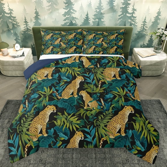 Homewish Cartoon Jungle Leopard Queen Comforter Set for Kids, Rustic Cheetah Lover Bedding Sets, Palm Leaf Plant Reversible Bedding Comforter Set, Super Cozy Room Decor, 3-Piece