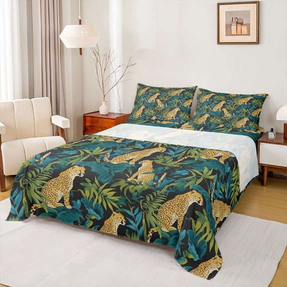 Homewish Cartoon Jungle Leopard Twin Sheet Sets for Kids, Rustic Cheetah Lover Twin Fitted Sheet, Palm Leaf Plant Flat Sheet, Super Cozy Room Decor, 3-Piece