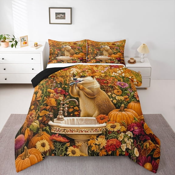 Homewish 2pcs Cartoon Jungle Meerkat Twin Comforter Set, Pumpkin Farmhouse Flower Bedding