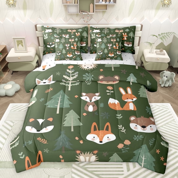 Homewish Cartoon Jungle Tree Bedding Comforter Set 7pcs for Boys, Funny Fox Bear King Bedding Sets, Rustic Farmhouse Reversible Bed Sheets, Lightweight Room Decor