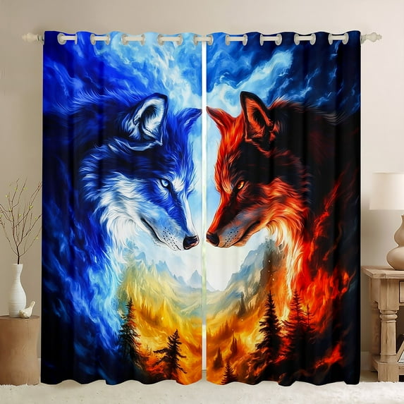 Homewish Cartoon Jungle Wolf Curtains Pack of 2 (42x84 Each) for Teen, Blue Red Animal Curtains Blackout, Rustic Farmhouse Bedroom Curtains, Living Room Curtains Decor
