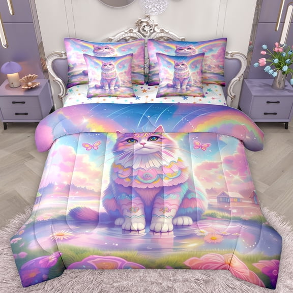Homewish Cartoon Kitten Cat 7-Piece Twin Bedding Sets,Colorful Flower Butterflies Bedding Comforter Set,Fairy Tale Theme Sheet Sets For Girls,Breathable Home Decor Reversible