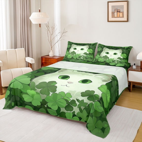 Homewish Cartoon Kitten Cat Bed Sheets for Kid, Lucky Shamrock Botanical King Sheets, Cute Animal Lover Sheet Set, Lightweight Room Decor, 4-Piece