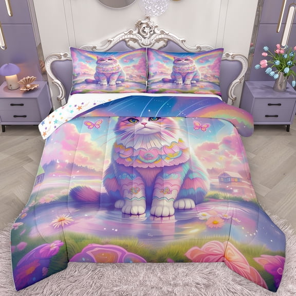 Homewish Cartoon Kitten Cat Bedding Comforter Set,Colorful Flower Butterflies Twin Comforter Sets,Fairy Tale Theme Bedding Set For Girls,Breathable Home Decor Reversible,2-Piece