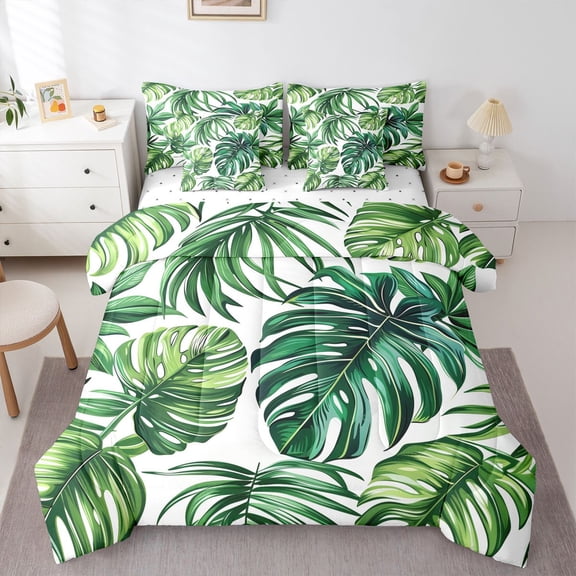 Homewish Cartoon Leaf Plant Twin Bedding Sets 7-Piece, Green Palm Tropical Botanical Bedding Comforter Set, Teen Kids Adult Reversible Sheet Sets, Breathable Home Decor