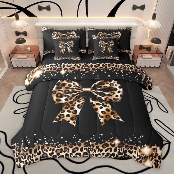 Homewish Cartoon Leopard Print Bowknot Bedding Comforter Set 7 Pieces for Female Men Adults,Animal Cheetah Print Full Bedding Set Lightweight,Dreamy Princess Fitted Sheet Flat Sheet