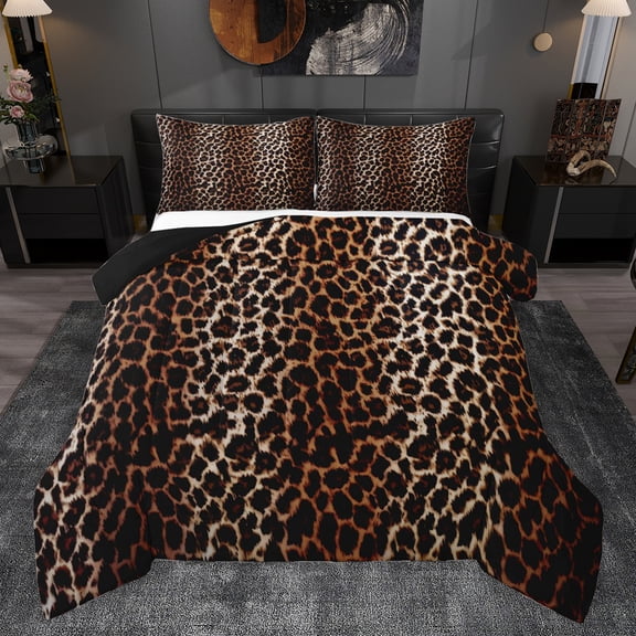 Homewish Cartoon Leopard Print Queen Comforter Set, Brown Stripes Lines Bedding Sets, Rustic Farmhouse Reversible Bedding Comforter Set, Microfiber Bedroom Decor, 3-Piece