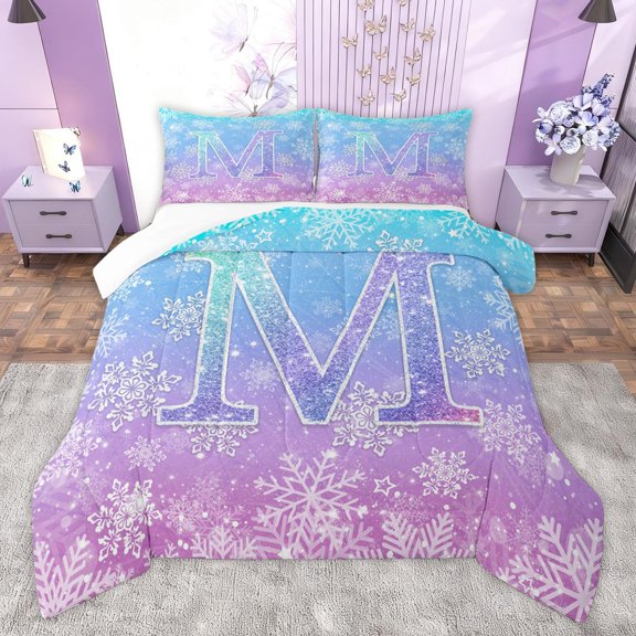 Homewish Cartoon Letter M Queen Comforter Set for Child, Christmas Winter Snowflake Bedding Sets, Kawaii Monogrammed Bedding Comforter Set, Ultra Soft Bedroom Decor, 3 Pieces