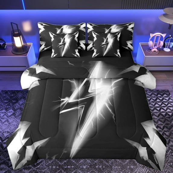 Homewish Cartoon Lightning 7-Piece Twin Bedding Sets,Modern Abstract Desgin Bedding Comforter Set,Gray Black Sheet Sets For Boys Kids,Ultra Soft Home Decor Reversible