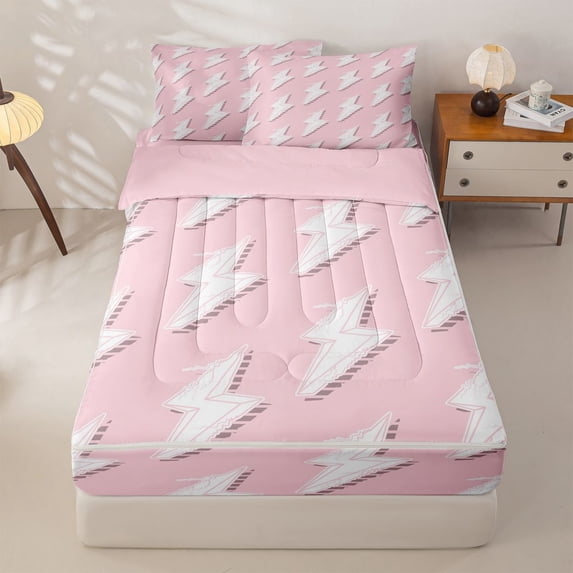 Homewish Cartoon Lightning Zipper Twin Comforter Sets with Fitted Sheet and 2 Pillowcases,Pink And White Zipper Bedding Set For Girls Kids,Reversible,4-Piece