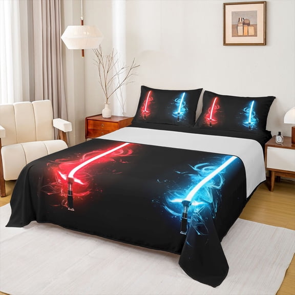 Homewish Cartoon Lightsaber Full Size Sheets, Red Blue Bed Sheets, Teens Kids Boys Sheet Sets, Lightweight Room Decor, 4-Piece