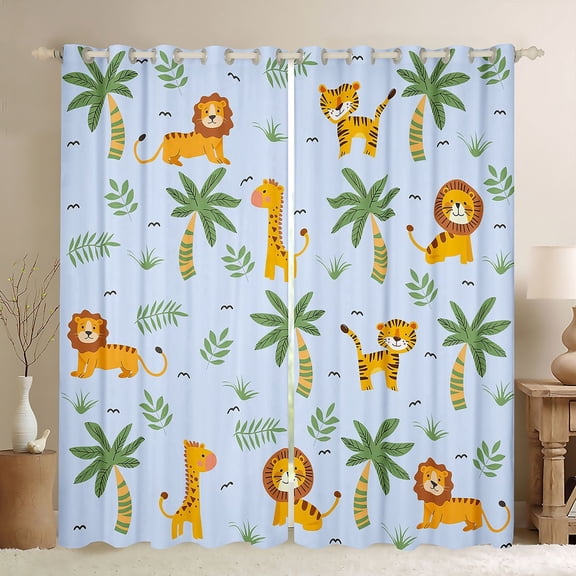 Homewish Cartoon Lion Giraffe Black Out Curtains,Zoo Animal Curtains Pack of 2 (42x63 Each),Blue Orange Green Bedroom Curtains For Boys Girls,Luxury Bedroom Decor