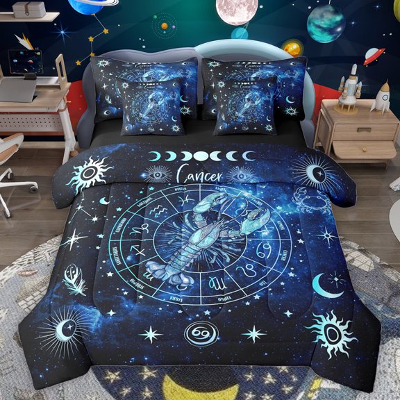 Homewish Cartoon Lobster 7pcs Bedding Comforter Set,Fantasy Constellation Theme Queen Bedding Sets,Boho Boemain Pattern Queen Sheet Sets For Men Women,Ultra Soft Home Decor Reversible
