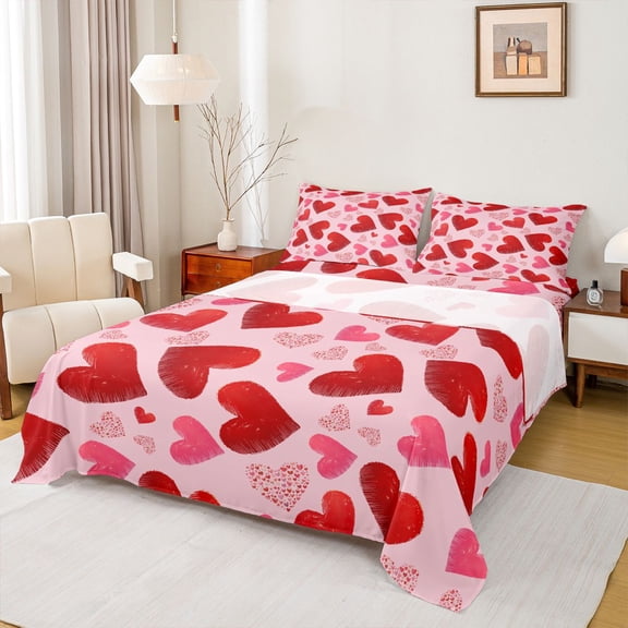 Homewish Cartoon Love Heart Bed Sheets, Red Pink Artwork King Sheets, Teens Kids Girl Women Sheet Set, Breathable Home Decor, 4pcs