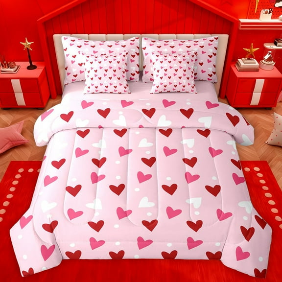 Homewish Cartoon Loves Pattern 7-Piece Twin Bedding Sets,Happy Valentine Bedding Comforter Set,Pink Red Sheet Sets For Girls Teens,Luxury Bedroom Decor Reversible