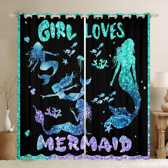 Homewish Cartoon Mermaid Blackout Curtains Set of 2 (52x84 Each),Ocean Animal Sealife Window Curtains,Purple Blue Black Curtains and Drapes For Girls,Luxury Bedroom Decor