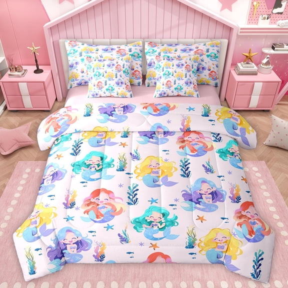Homewish Cartoon Mermaid Pattern 7-Piece Twin Bedding Sets,Watercolor Ocean Sealife Bedding Comforter Set,Colorful Sheet Sets For Girls Teens,Luxury Bedroom Decor Reversible